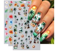 Pegatinas Uñas Verano Playa Decoraciones Uñas Flores Hawaianas Nail Stickers Flamenco para Diseño de Uñas, DIY, Accesorios para Uñas (B-3 Hojas)