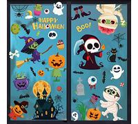 Pegatinas Ventanas de Halloween Reutilizables, Pegatinas Doble de Dibujos Animados para Ventanas y Escaparate de Halloween de Monstruos Gato Murciélago Fantasmas y Brujas para Niños（9 hojas,20*30cm)