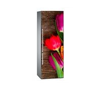 Pegatinas Vinilo para Frigorífico Tulipanes púrpuras y Rojos Fondo de Madera | 185x60cm | Adhesivo Resistente y de Fácil Aplicación | Pegatina Adhesiva Decorativa de Diseño Elegante
