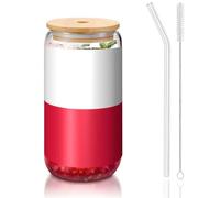 PEGQCVAM Bandera polaca con tapa de bambú y popote de 473 ml, sin BPA, reutilizable, con tapa de bambú y popote de vidrio para bebidas frías o calientes.