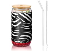 PEGQCVAM Black And White Lines - Tapa de bambú y popote de 473 ml, sin BPA, reutilizable, con tapa de bambú y popote de vidrio para bebidas calientes o frías.