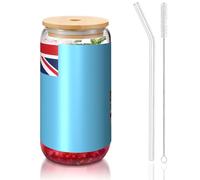 PEGQCVAM Fiyi Flag - Vaso de bambú con tapa y pajita de 16 onzas, sin BPA, reutilizable, con tapa de bambú y popote de vidrio para bebidas frías o calientes.