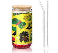 PEGQCVAM Jamaican Elements - Vaso de bambú con tapa y pajita de 16 onzas, sin BPA, reutilizable, con tapa de bambú y popote de vidrio para bebidas frías o calientes.