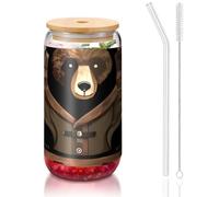 PEGQCVAM Rustic Lodge Bear - Vaso de bambú con tapa y pajita de 16 onzas, sin BPA, reutilizable, con tapa de bambú y popote de vidrio para bebidas frías o calientes.