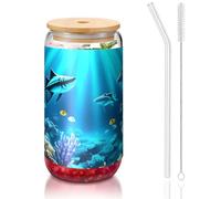 PEGQCVAM Submarine Coral Rays - Vaso de bambú con tapa y pajita de 16 onzas, sin BPA, reutilizable, con tapa de bambú y popote de vidrio para bebidas frías o calientes.