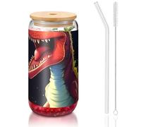 PEGQCVAM Taza de bambú con tapa y pajita de dinosaurio de boca grande de 16 onzas. Sin BPA. Vaso reutilizable con tapa de bambú y popote de vidrio para bebidas frías o calientes.