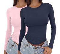 peiaclkde Paquete de 3 camisetas de manga larga para mujer, térmicas, capa base, camiseta básica, color sólido, cuello redondo, camiseta ajustada, camiseta corta ligera, ropa interior térmica