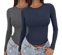 peiaclkde Paquete de 3 camisetas de manga larga para mujer, térmicas, capa base, camiseta básica, color sólido, cuello redondo, camiseta ajustada, camiseta corta ligera, ropa interior térmica