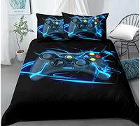 PEIHUODAN 3D Gamer Funda Nordica Cama Juveniles Chico Chica Niño Gaming Anime Modernas Microfibra Videojuegos Juego De Cama Funda De Edredón Ropa De Cama 3 Piezas Negro Azul (Cama 105 200x220 cm)