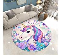 PEIHUODAN Alfombra Redonda Habitación Adolescente Niño Niña, Suave Antideslizante, Animal Hojas Verdes Tropicales, Decoración de Sala de Estar, Alfombra de Cabecera, 60 cm, Púrpura, Unicornio