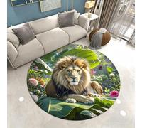 PEIHUODAN Alfombra Redonda Habitación Adolescente Niño Niña, Suave Antideslizante, Animal Hojas Verdes Tropicales, Decoración de Sala de Estar, Alfombra de Cabecera, 150 cm, Verde, León