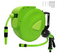 PEILU Tambor de manguera de jardín de 20 m con manguera de entrada de 2 m, soporte, ducha de mano y conector de grifo, enrollador de manguera giratorio 180°, con tope de bloqueo automático, caja de