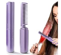 Peine alisador de pelo de cerámica inalámbrico 2 en 1, peine caliente recargable por USB con revestimiento cerámico para peinado de viaje (púrpura)