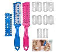 Peine Con Cuchilla, Virtud De Doble Cara Cortador De Puntas Abiertas Cabello, Navaja Barbero Para Uso En Peluquerías Salones De Belleza y Cortes De Cabello En El Hogar (Azul y rojo)