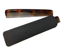 Peine de hombre Acetat havanna-ámbar, 15,5 cm, fabricado en Francia (51), con estuche de piel auténtica, color negro