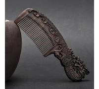 Peine de madera de ébano de 17 cm con mango de madera de sándalo, color negro natural, doble cara, tallado, masaje de dientes finos
