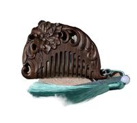 Peine de madera hecho a mano, decorativo, tallado con patrón floral, calado, portátil, for masajear el cabello, con borlas.(2)
