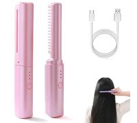 Peine de peluquería de última generación, peine de cerámica, mini rizador de doble propósito, suave y liso, con 3 ajustes de temperatura, peines inalámbricos portátiles, carga USB. (pink)