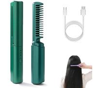 Peine de peluquería de última generación, peine de cerámica, mini rizador de doble propósito, suave y liso, con 3 ajustes de temperatura, peines inalámbricos portátiles, carga USB. (green)