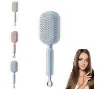 Peine masajeador con cojín retráctil, cepillo de pelo masajeador con cojín de aire retráctil con anillo de tracción, cepillo de pelo autolimpiable antiestático para todo tipo de cabello (Azul)