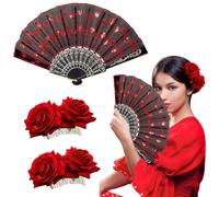 Peine para el pelo con rosas de boda, Abanico Español, Hebillas de Pelo de Flor Rosa, Abanico Encaje Plegable Mano Vintage, para mujer, fiesta, boda, bailarina flamenca