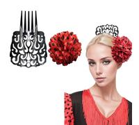 Peineta flamenca grande, clips de flor para el pelo mujer, pack 2 PCS, accesorio fiesta sevillana feria andaluza traje regional flamenco (NEGRO ROJO, Grande)