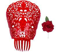 Peineta Mantilla Flamenca Brillante Iridiscente Concha y Flor Flamenca para el pelo, Peineta para Mantilla Española, Accesorios Feria del Abril Semana Santa (Peineta Mantilla Flamenca Roja, Grande)