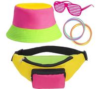 Peirich Trajes de los años 80 y 90 para mujeres y hombres, riñonera de los años 80 y sombrero, disfraces de los años 90, bolsa de cintura ajustable, sombreros de cubo para fiesta retro de los años 80