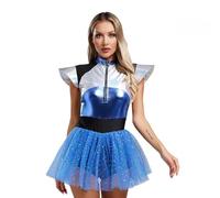 PEIXUEZZHENG Disfraz de cadete espacial para mujer, disfraz de astronauta alienígena, cosplay, manga mosca, leotardo de lentejuelas, plateado, talla 4XL