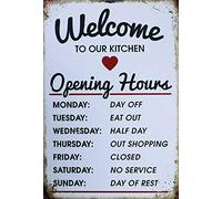 peiyeety Bienvenido a nuestro horario de apertura de cocina - Letrero metálico divertido de 30 x 40 cm (12 x 16 pulgadas) - Decoración retro para el hogar y restaurantes