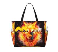 peiyeety Bolso de playa grande Fire Flaming Wolf para mujer con cremallera y bolsillo impermeable, bolso de gimnasio ligero y plegable para viajes, compras, natación, deportes