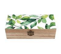 peiyeety Caja de almacenamiento de madera con diseño de hojas verdes, estilo retro, con tapa abatible, 20 x 10 x 6 cm. Caja de recuerdos para manualidades, ideal para guardar fotos, recetas o joyas.