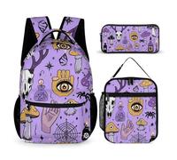 peiyeety Conjunto de mochila con diseño de bruja, brujería, gótico, calavera y hongo (2 unidades), con lonchera y neceser, mochila de viaje para portátil, conjunto informal