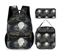 peiyeety Conjunto de mochila con lonchera y bolsa para cosméticos Full Moon Wolf (4) Conjunto de mochila para libros Mochila con lonchera Bolsas de almacenamiento