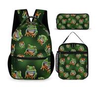 peiyeety Conjunto de mochila para libros, para portátil con diseño de rana verde (2), bolsa para almuerzo y almacenamiento, de viaje