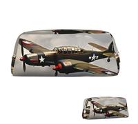 peiyeety Estuche de Cuero para lápices de Gran Capacidad, Organizador estético con Cremallera, portátil, con diseño de avión de la Segunda Guerra Mundial, para Mujeres y Hombres.