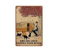 peiyeety Interesante cartel metálico con la frase Niña acampando y gato negro y vivieron felices para siempre para decorar la pared de la habitación, el hogar o el bar (20 x 30 cm).