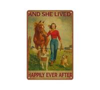 peiyeety Interesante cartel metálico divertido y original: Niña y caballo y ella vivieron felices. Póster decorativo para pared, ideal para habitaciones, hogares, cafeterías y bares. 8x12 pulgadas.