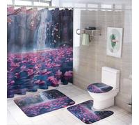 peiyeety Juego de 4 Cortinas de Ducha con diseño de Estanque de Flores de Cerezo, alfombras, Alfombrilla Antideslizante y Funda de Inodoro, Impermeable, con diseño Moderno de Cascada y Valle.