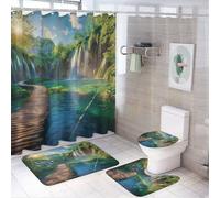 peiyeety Juego de 4 Cortinas de Ducha con diseño de Paisaje Natural, Incluye alfombras, Alfombrilla Antideslizante y Funda de Inodoro, Impermeables, con un Hermoso Valle, Cascada y Puente.