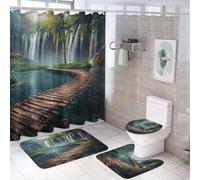 peiyeety Juego de 4 Cortinas de Ducha con diseño de Valle Moderno, alfombras, Alfombrilla Antideslizante y Funda de Inodoro, Impermeables, con diseño de Puente de Cascada Natural.