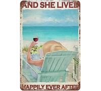 peiyeety Letrero de hojalata vintage Y vivieron felices para siempre Libro y vino en la playa Letrero de San Valentín Divertido Bar Club Garaje Decoración de pared Letreros de hojalata 6x8 pulgadas