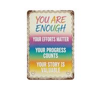 peiyeety Letrero de metal «Eres suficiente»: arte de pared con cita inspiradora de 20 x 30 cm, diseño de corazón y degradado de arcoíris para el hogar, el dormitorio o la sala de estar.