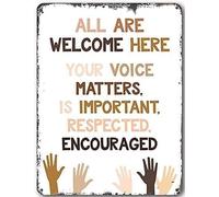 peiyeety Letrero de metal Todos son bienvenidos aquí. Juntos somos más fuertes. Póster de igualdad. La amabilidad importa. Inclusión. Tu voz importa. Póster decorativo de placa - 8x12 pulgadas.