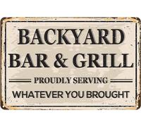 peiyeety Letrero metálico de bar y parrilla Backyard: Servimos con orgullo lo que traigas. Letrero de hojalata, póster, decoración de pared, placa de 8x12 pulgadas.