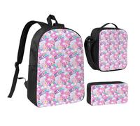 peiyeety Lindos y alegres unicornios arcoíris, mochila de 17 pulgadas, bolsa de almuerzo, mochila ligera para hombres y mujeres, 3 piezas
