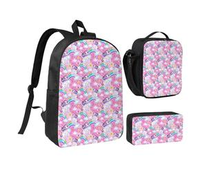 peiyeety Lindos y alegres unicornios arcoíris, mochila de 17 pulgadas, bolsa de almuerzo, mochila ligera para hombres y mujeres, 3 piezas