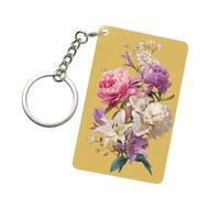 peiyeety Llavero acrílico amarillo con peonías rosas y moradas, lirios blancos sobre fondo amarillo. Llaveros de moda para coche. Cadenas acrílicas para hombre y mujer.