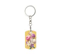 peiyeety Llavero de metal chapado rectangular con peonías rosas y moradas y lirios blancos sobre fondo amarillo para mujeres y hombres.
