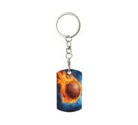 peiyeety Llavero metálico rectangular chapado en naranja y azul con diseño de llama dramática de baloncesto en llamas para mujeres y hombres.